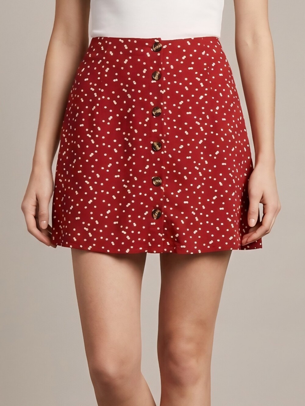 XS twik 100% Rayon Red Polka Dot Button-Front Mini Skirt
